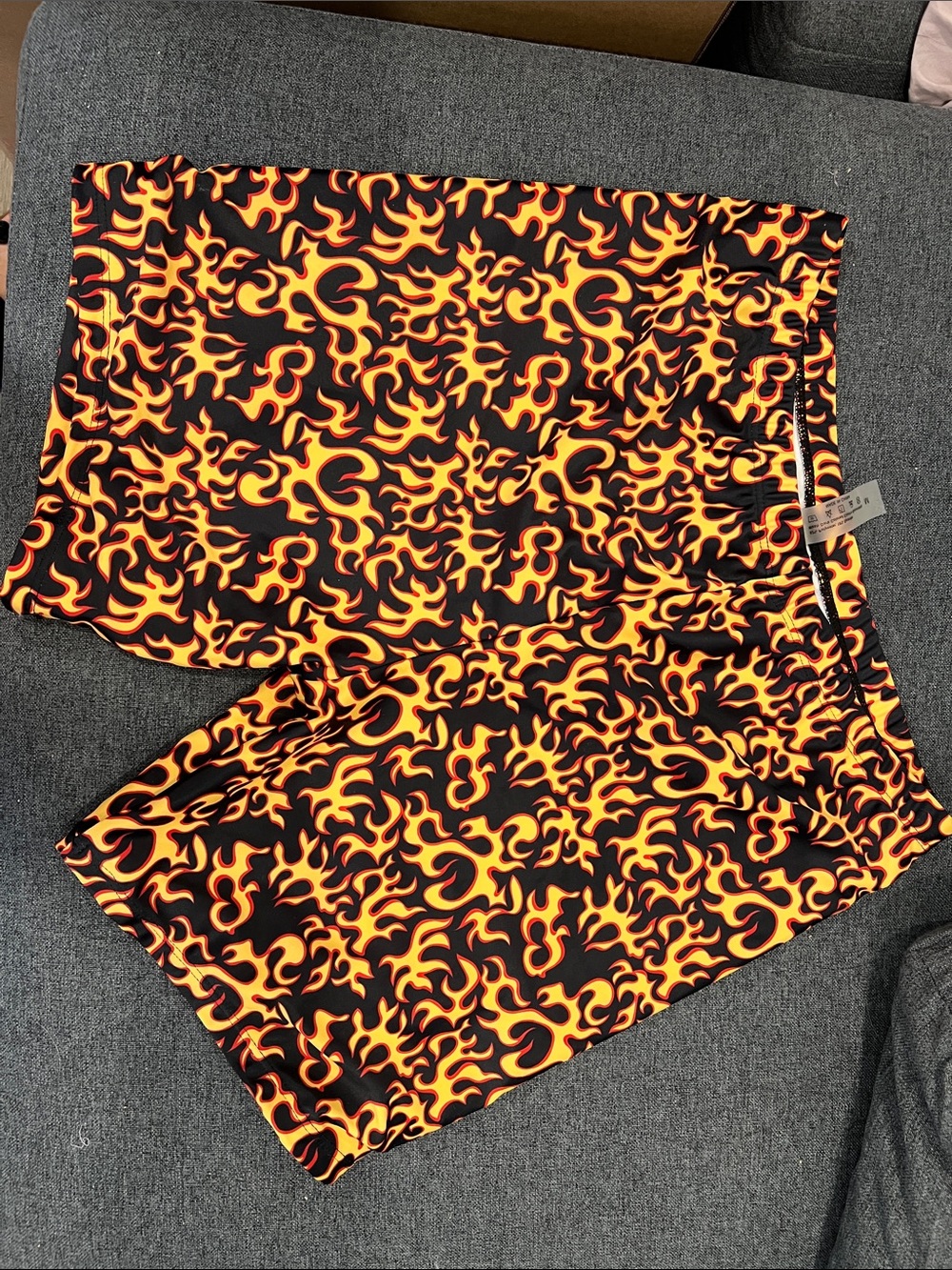 Flame Print Swim Shorts - Black with Yellow & Orange Flames